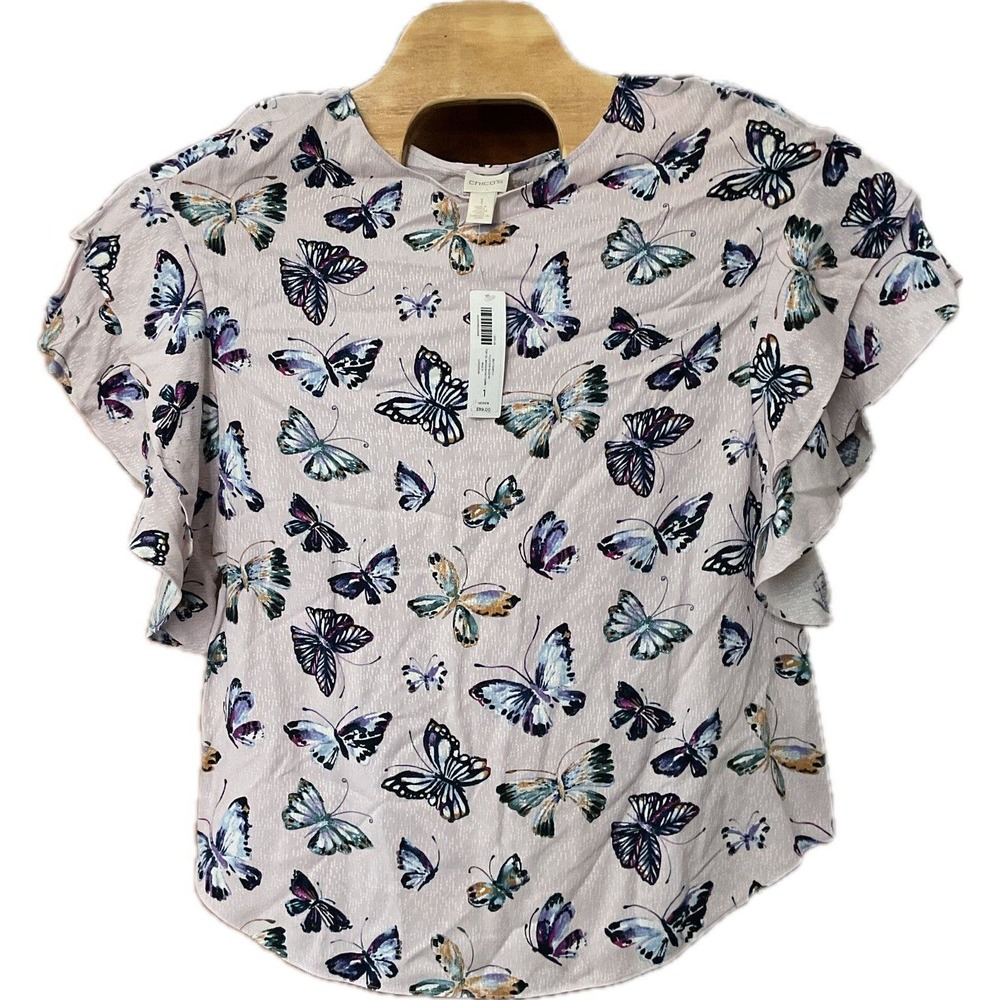 Chico’s Butterfly Rayon Blouse Flutter Sleeve Size M (Chico's 1) Multicolored